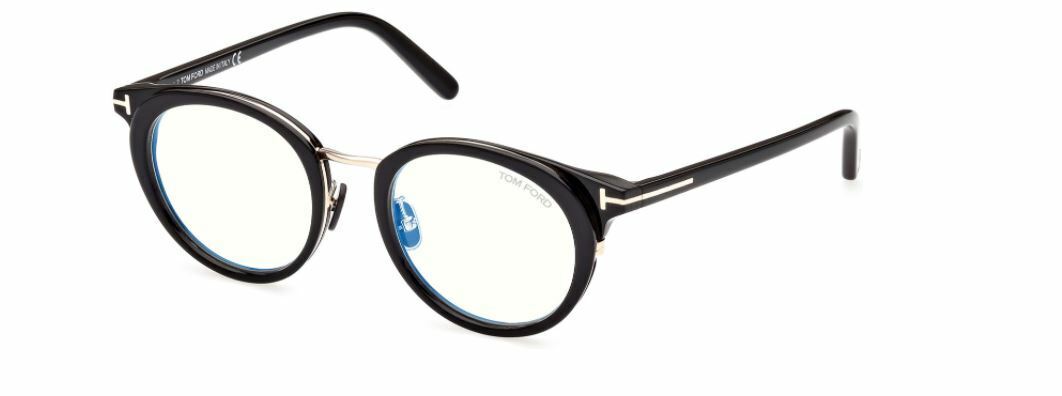 Tom Ford FT5784DB 001 Shiny Black Logo T/ Blue Block Round Women's Eyeglasses