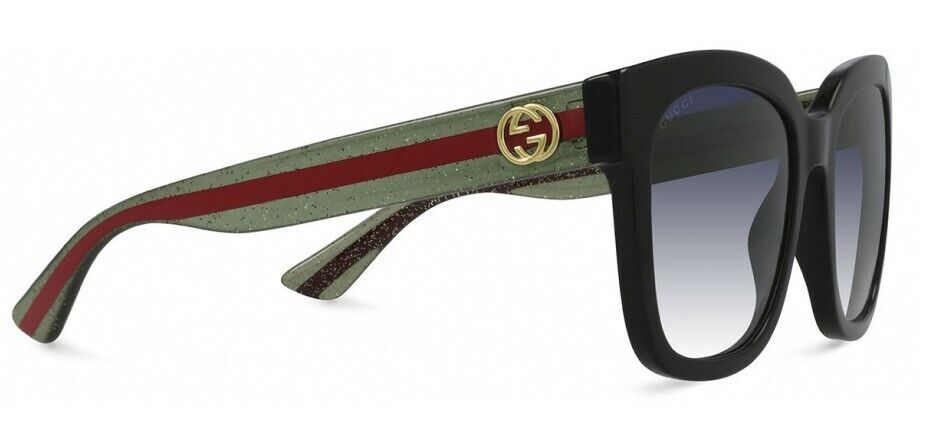 Gucci GG0034SN 002 Black Green with Red Stripe/Gradient Grey Square Sunglasses