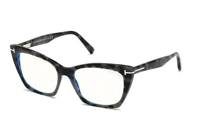 Tom Ford FT5709B 056 Shiny Dark Grey Havana Blue Block Cat-Eye Eyeglasses