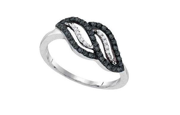 10kt White Gold Black Diamond Womens Crossover Band Ring 1/3 Cttw