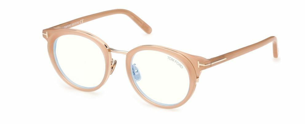 Tom Ford FT5784DB 072 Shiny Milky Pink Blue Block Round Women's Eyeglasses