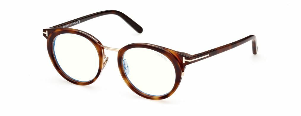 Tom Ford FT5784DB 053 Shiny Classical Havana Blue Block Round Women's Eyeglasses
