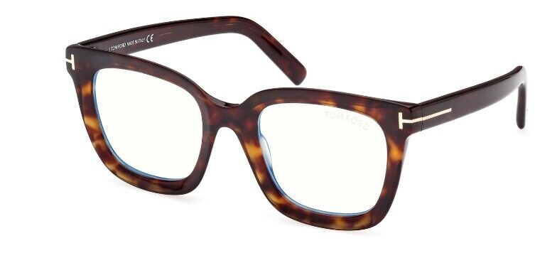 Tom Ford FT5880-B 052 Shiny Dark Havana/ Blue Block Square Women's Eyeglasses