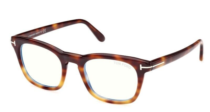 Tom Ford FT5870-B 056 Shiny Blonde Havana/Blue Block Square Men's Eyeglasses