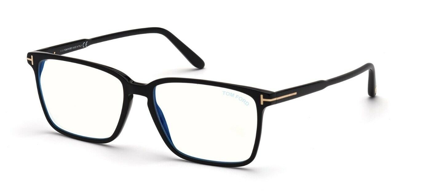 Tom Ford FT5696B 001 Shiny Black Blue Block Rectangular Men's Eyeglasses