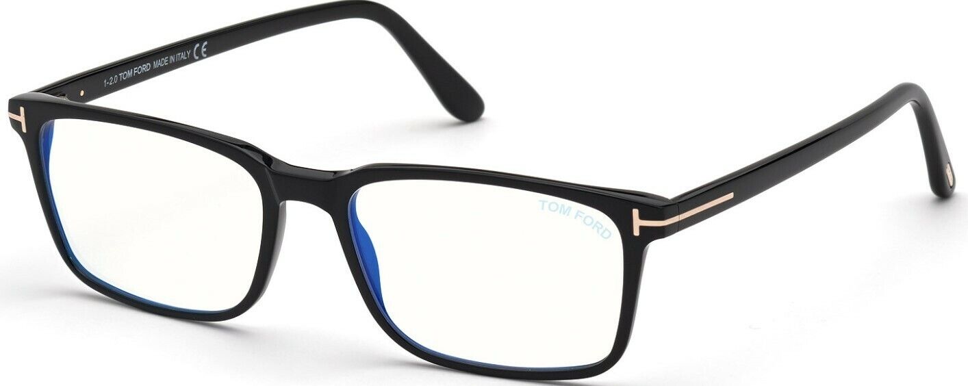Tom Ford FT5735B 001 Shiny Black Blue Block Rectangular Men's Eyeglasses