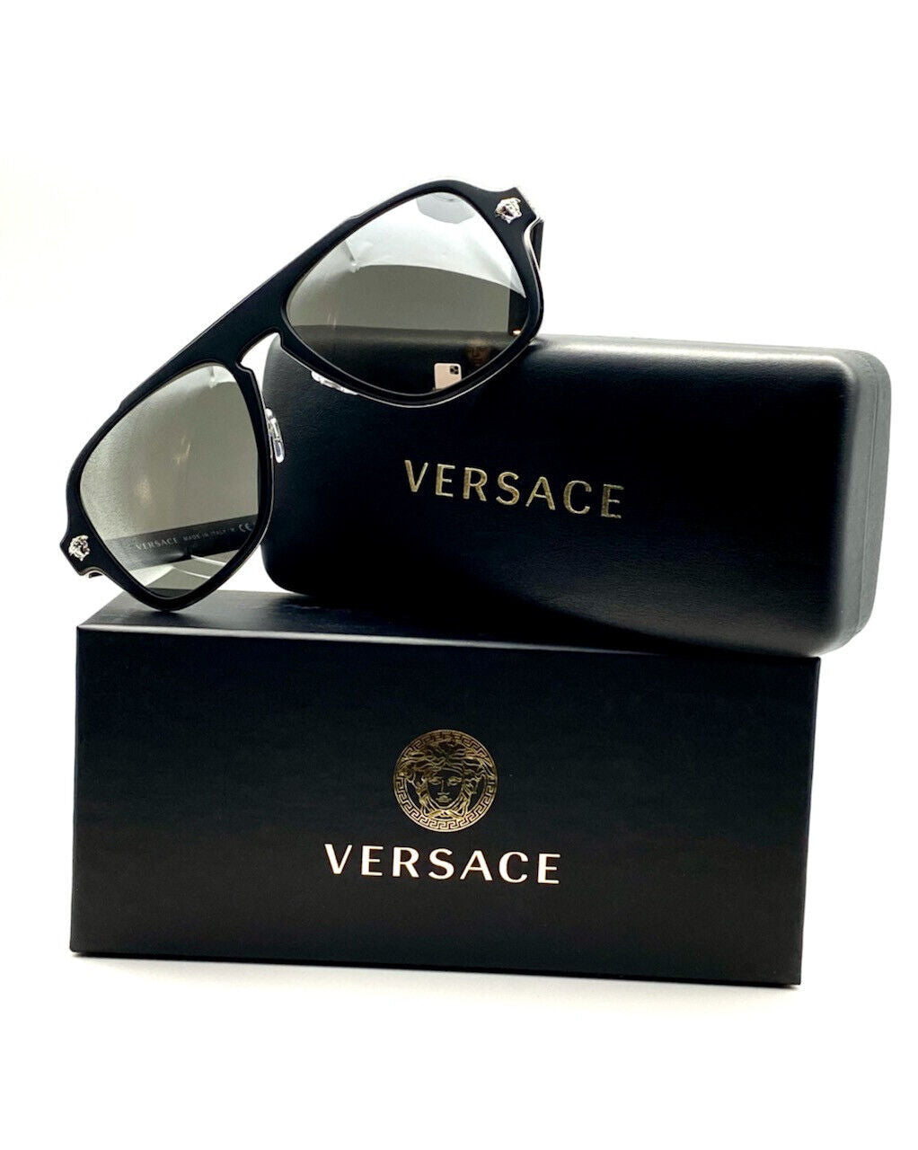 Versace VE2199 10006G Black/Light Gray Silver Mirrored Metal Unisex Sunglasses