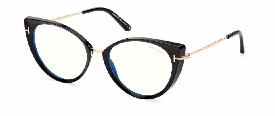 Tom Ford FT5815B 001 Shiny Black Rose Gold Blue Block Cat-Eye Women's Eyeglasses