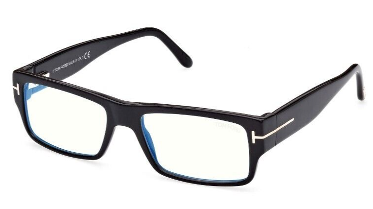 Tom Ford FT5835-B 001 Shiny Black/Blue Block Rectangular Men's Eyeglasses