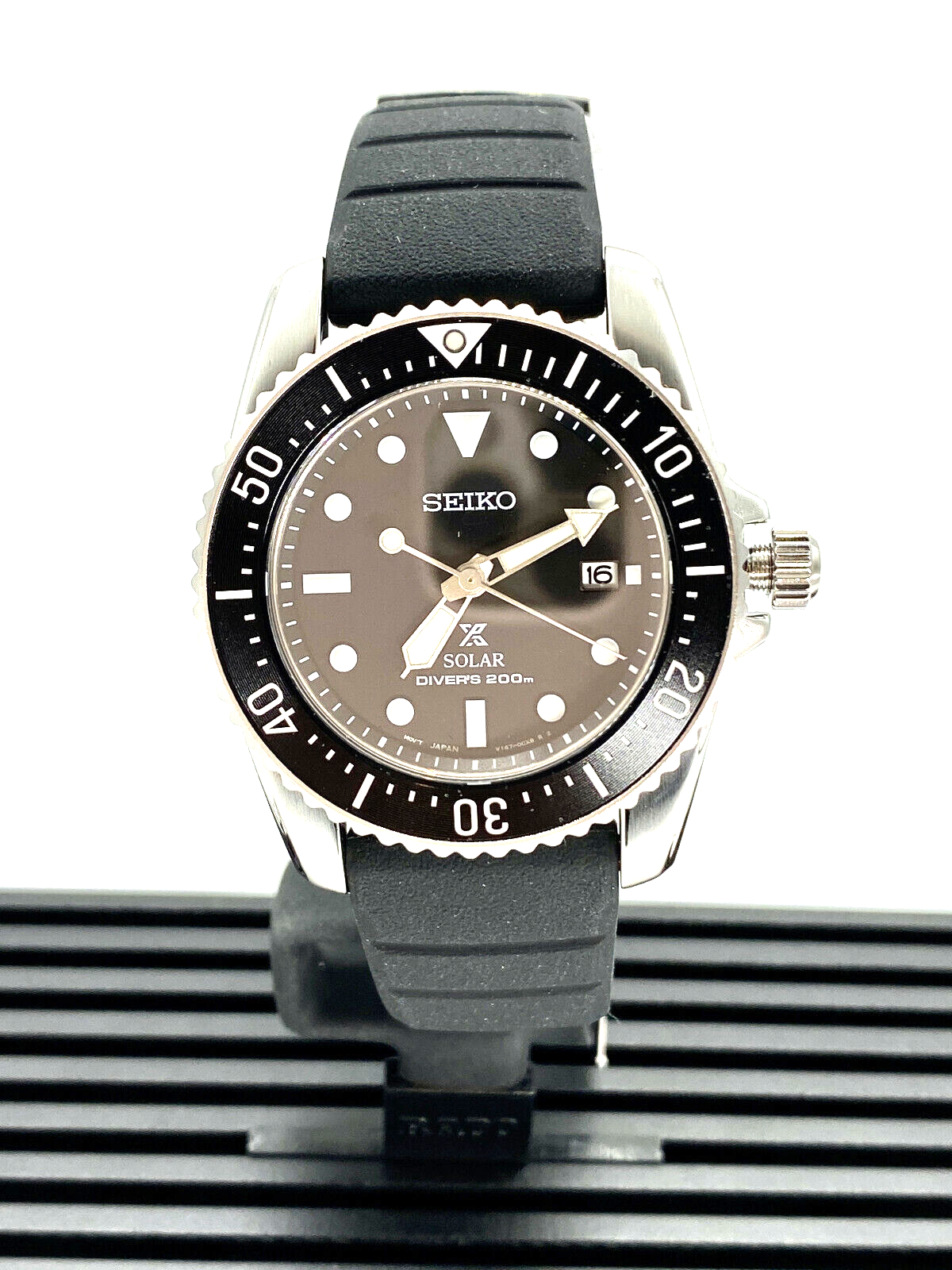 Seiko Solar Diver Sapphire Crystal Black Strap Men's Watch SNE573
