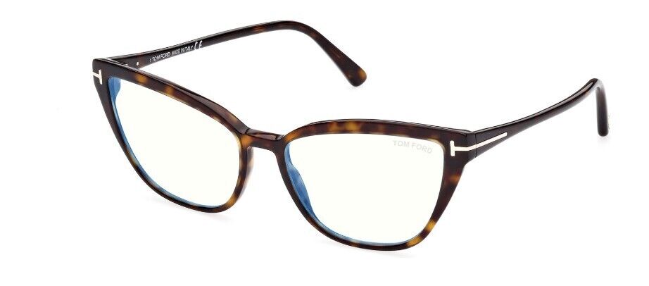 Tom Ford FT5825-B 052 Shiny Dark Havana/Blue Block Cat-Eye Women's Eyeglasses