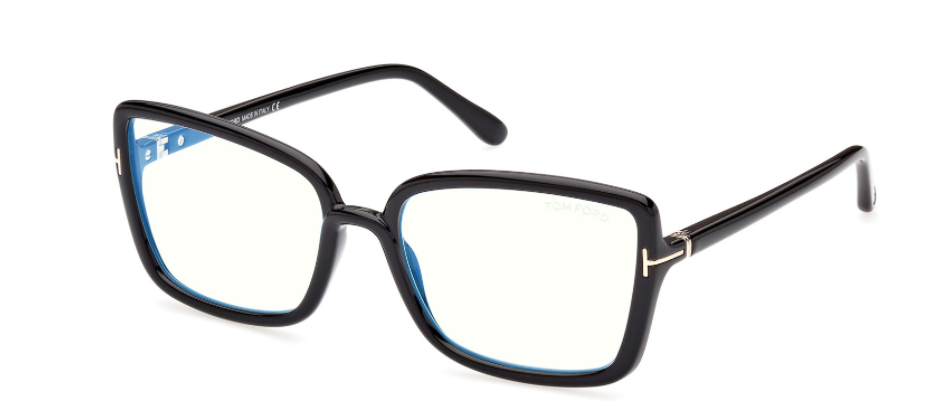 Tom Ford FT5813-B 001 Shiny Black T Logo/Blue Block Butterfly Women EyeGlasses