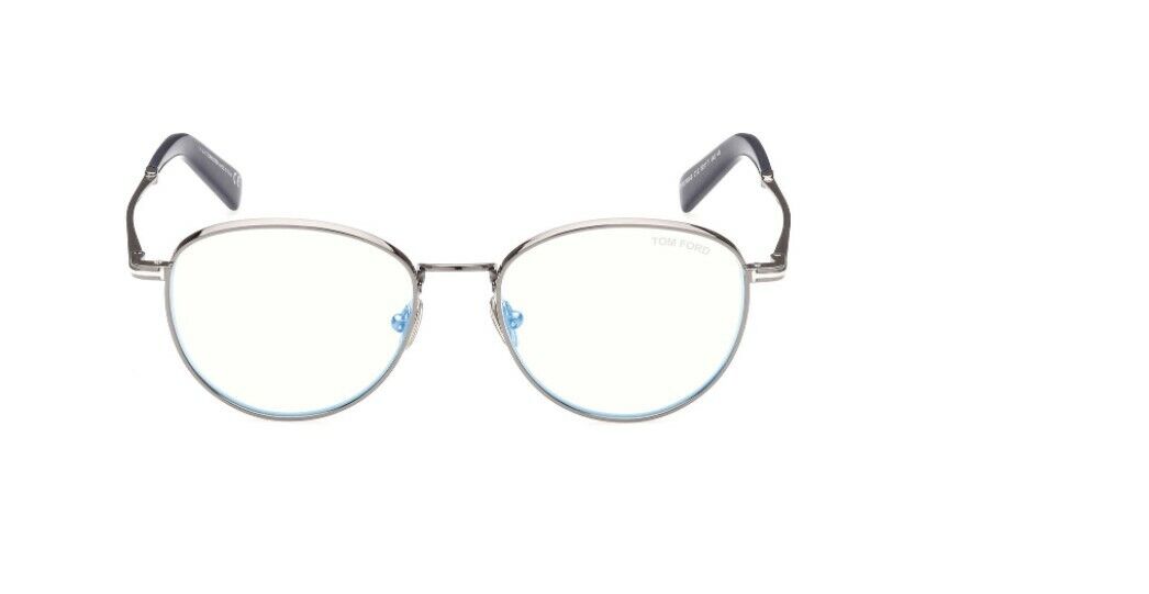 Tom Ford FT5749B 012 Shiny Dark Ruthenium Blue Block Round Men's Eyeglasses