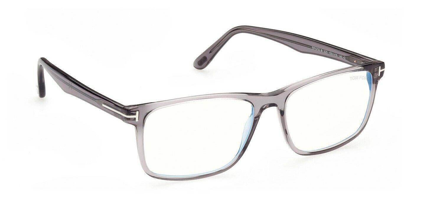 Tom Ford FT5752B 020 Shiny Transparent Grey Blue Block Square Men's Eyeglasses