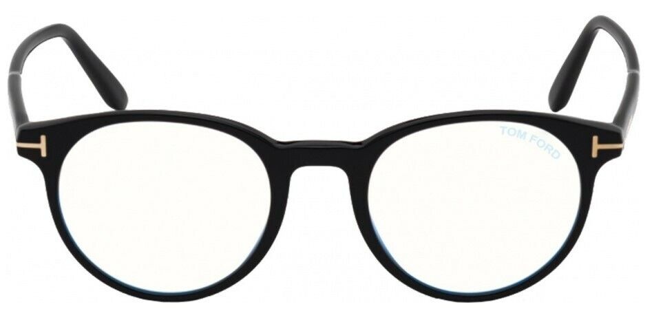 Tom Ford FT5695B 001 Shiny Black Blue Block Round Men's Eyeglasses