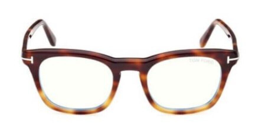 Tom Ford FT5870-B 056 Shiny Blonde Havana/Blue Block Square Men's Eyeglasses