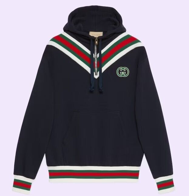 Gucci Cotton Jersey Dark Blue/Green and Red Web Hooded Sweatshirt