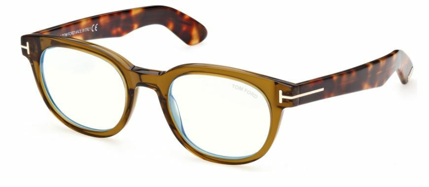 Tom Ford FT5807B 096 Shiny Transparent Olive Blonde Havana Blue Block Eyeglasses
