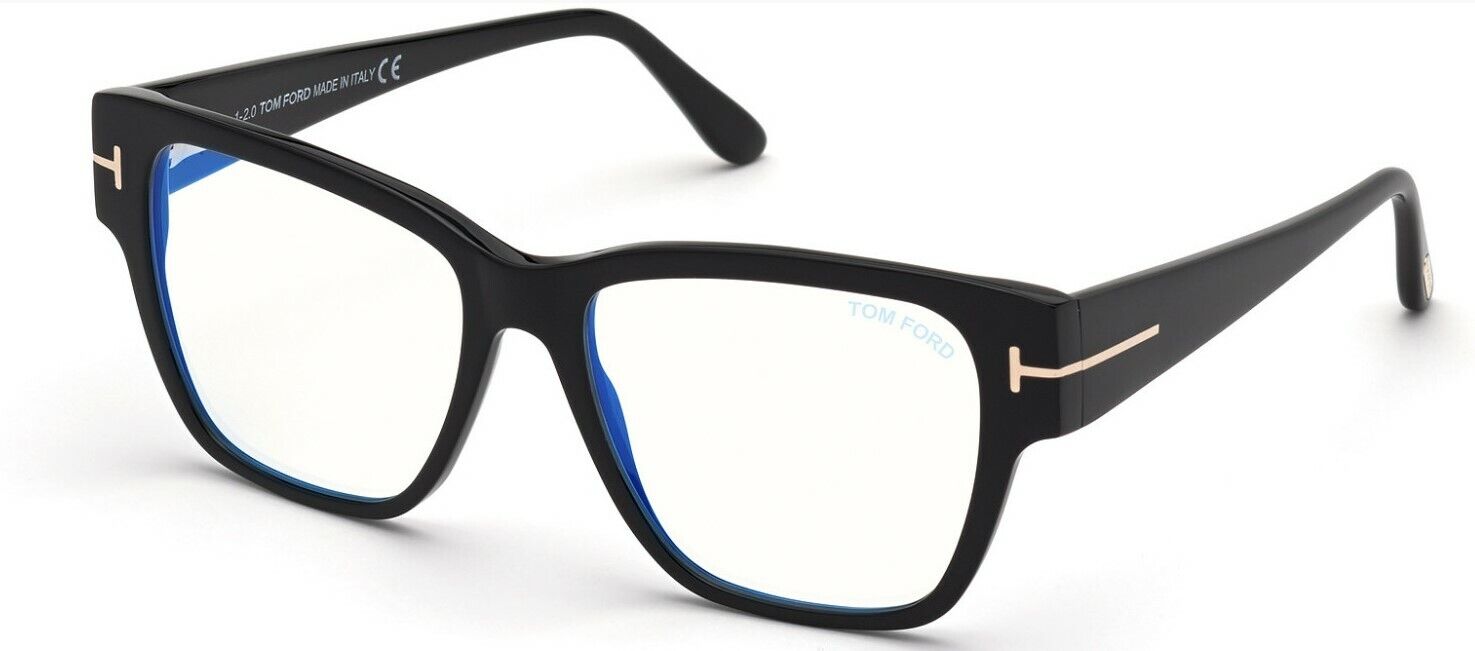 Tom Ford FT5745B 001 Shiny Black Blue Block Square Women's Eyeglasses