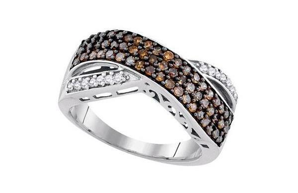 10kt White Gold Brown Diamond Womens Crossover Band Ring 3/4 Cttw