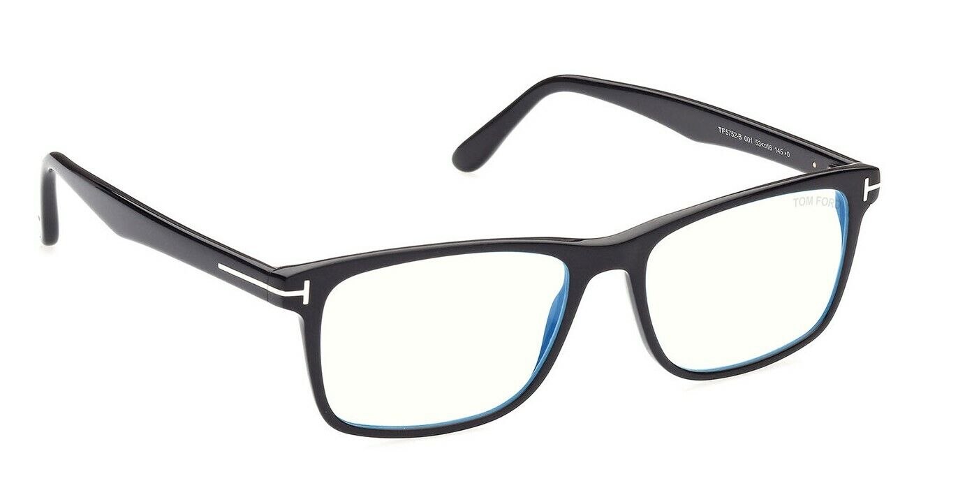 Tom Ford FT5752B 001 Shiny Black Blue Block Square Men's Eyeglasses