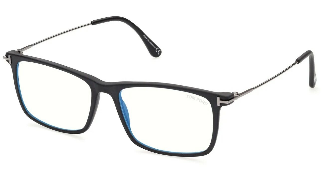 Tom Ford FT5758B 002 Matte Black Shiny Dark Ruthenium Blue Block Eyeglasses