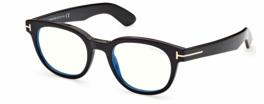 Tom Ford FT5807B 001 Shiny Black Blue Block Round Men's Eyeglasses