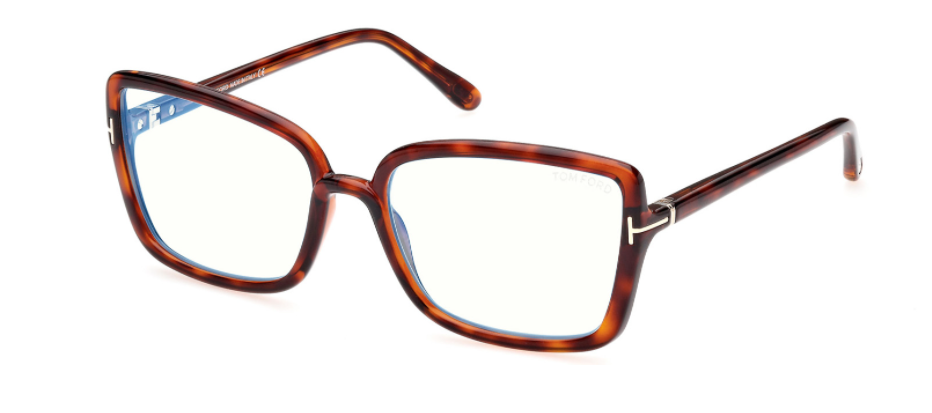 Tom Ford FT5813B 054 Shiny Auburn Havana Blue Block Butterfly Women's Eyeglasses