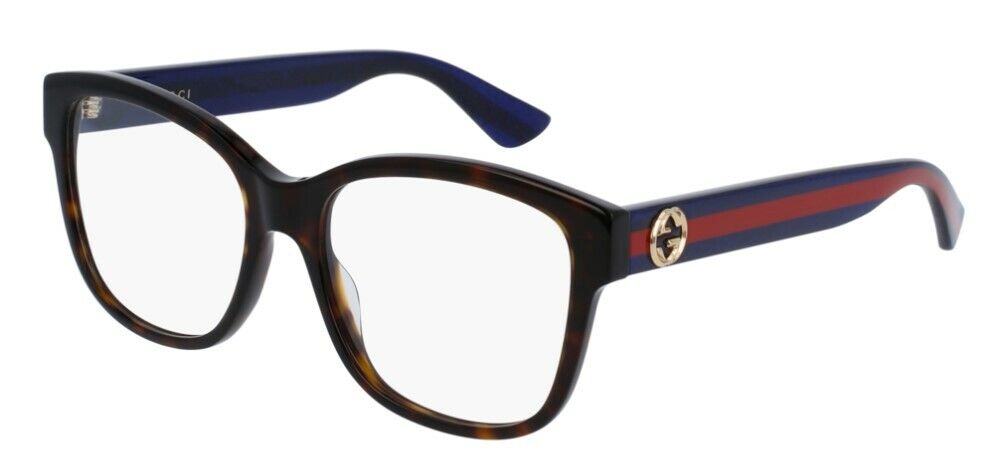 Gucci GG 0038ON 003 Havana Blue with Red Stripe Square Women's Eyeglasses