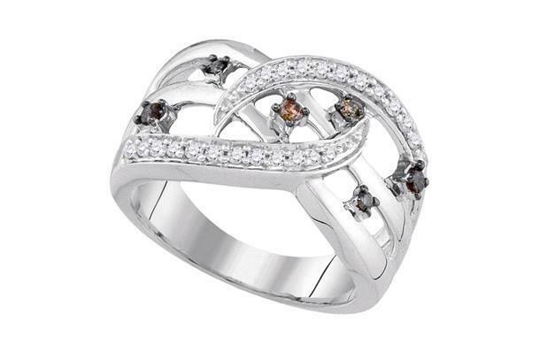 10kt White Gold Brown Diamond Openwork Crossover Strand Band Ring 1/3 Cttw