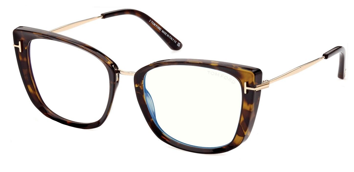 Tom Ford FT5816-B 052 Dark Havana/Blue Block Cat-Eye Women's Eyeglasses