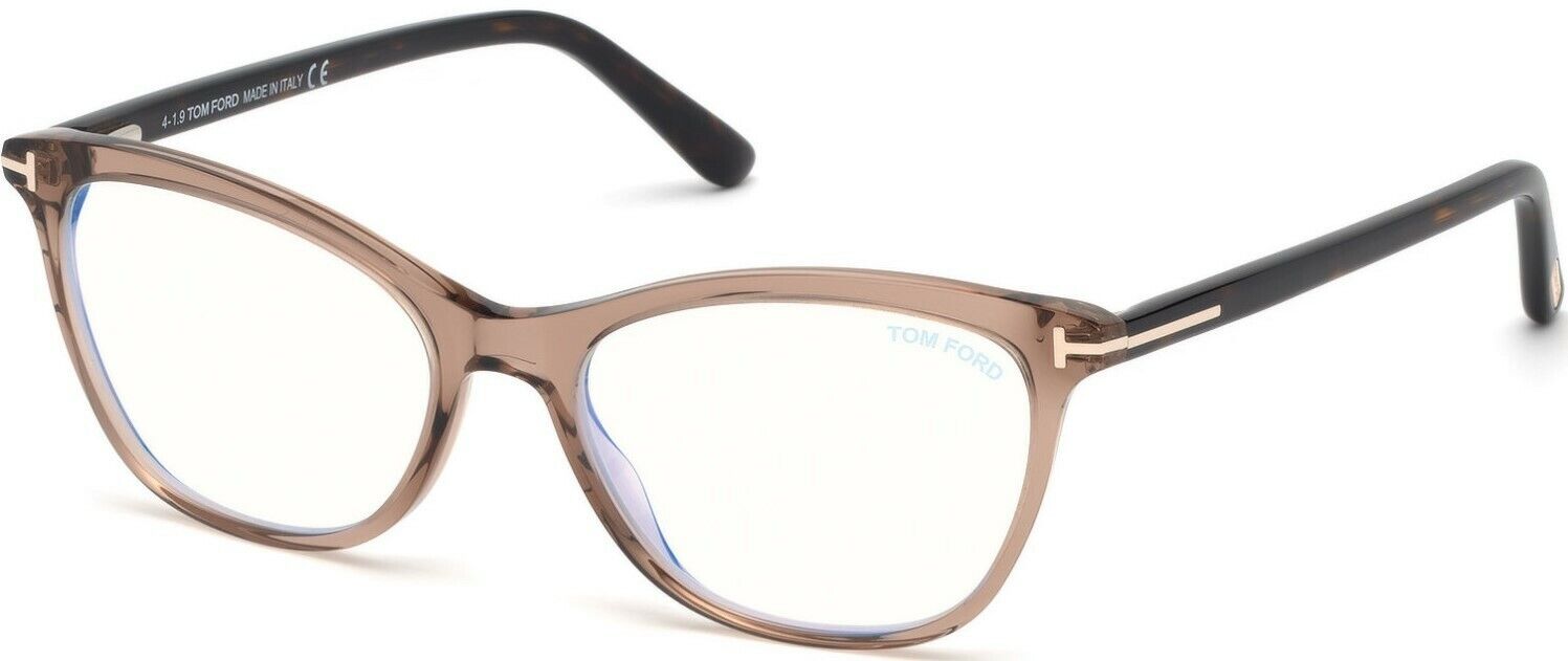 Tom Ford FT5636B 045 Shiny Transparent Brown Dark Havana Blue Block Eyeglasses