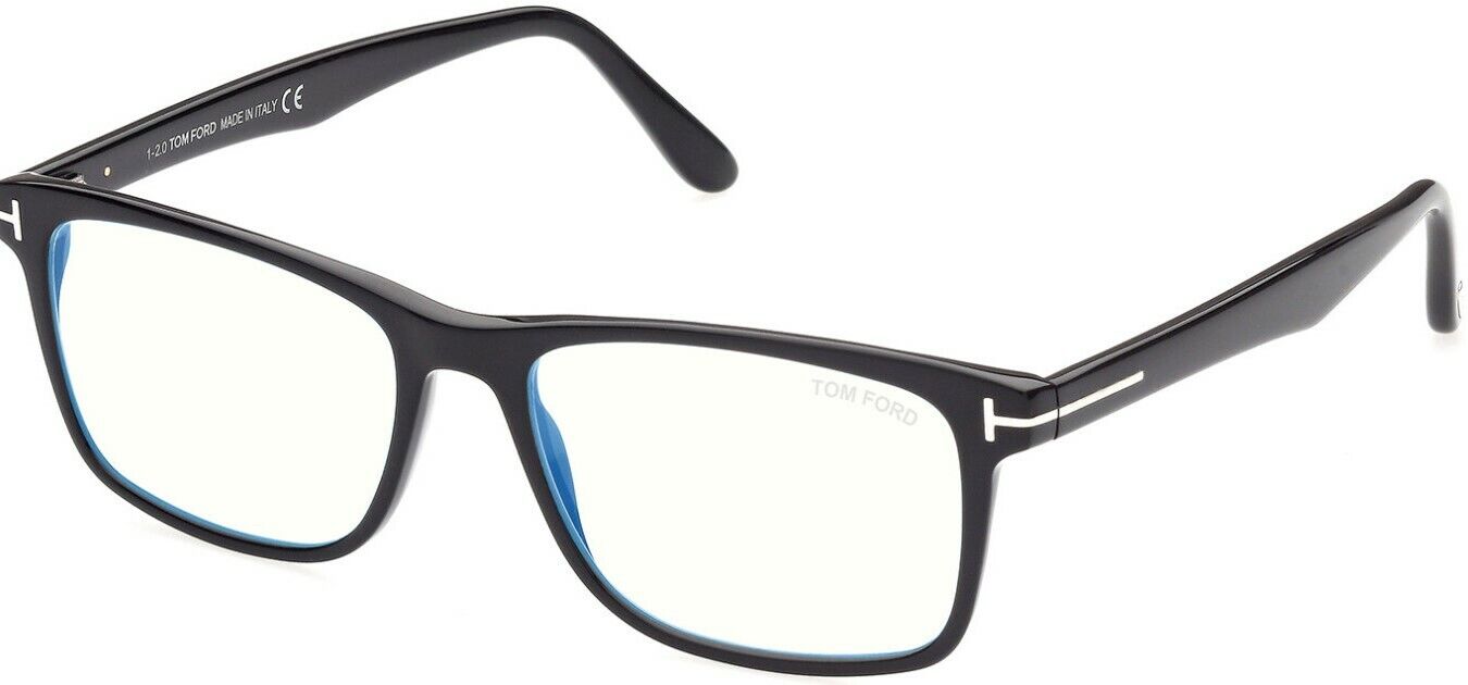Tom Ford FT5752FB 001 Shiny Black Blue Block Square Men's Eyeglasses