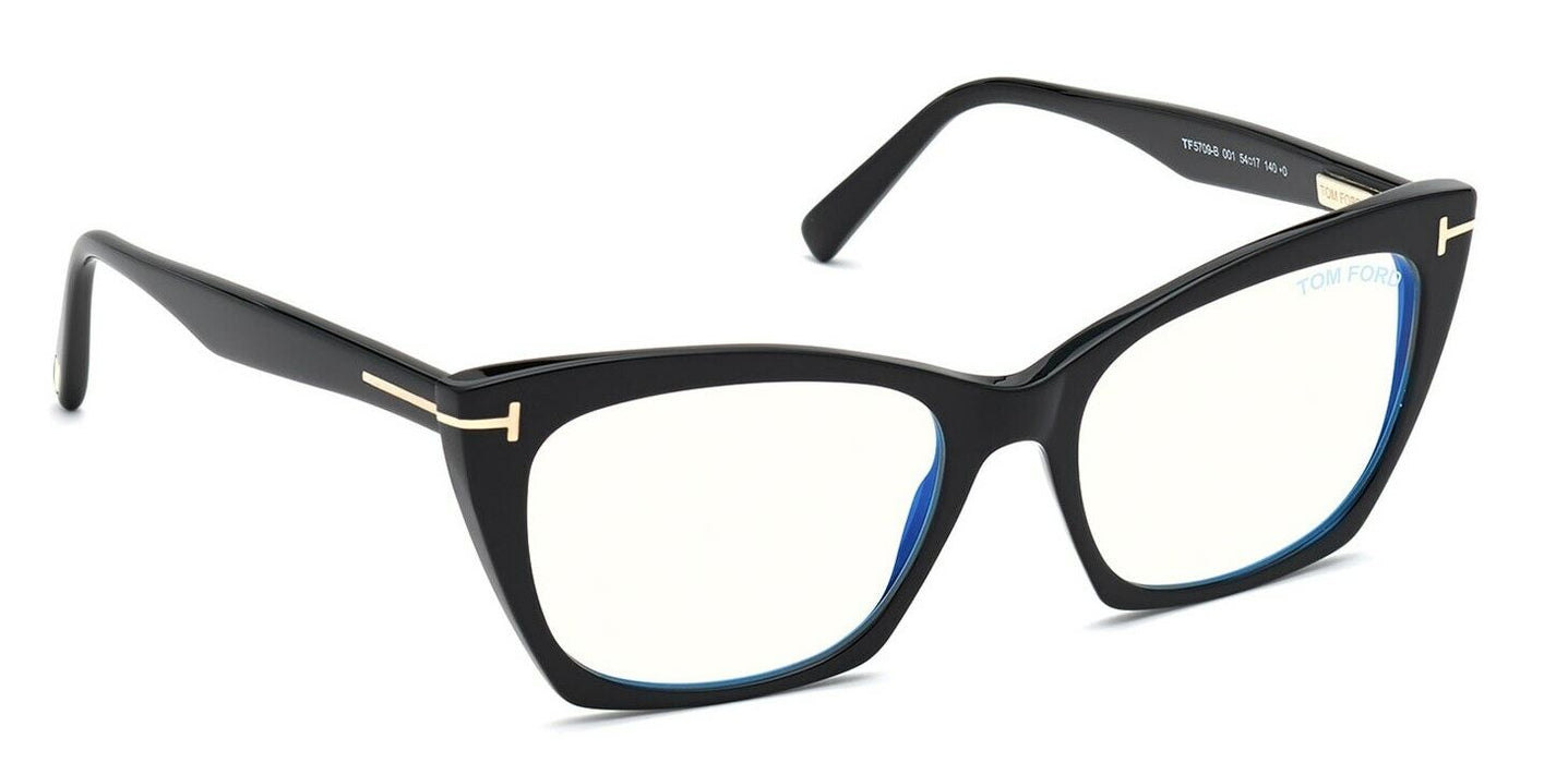 Tom Ford FT5709B 001 Shiny Black Blue Block Cat-Eye Women's Eyeglasses