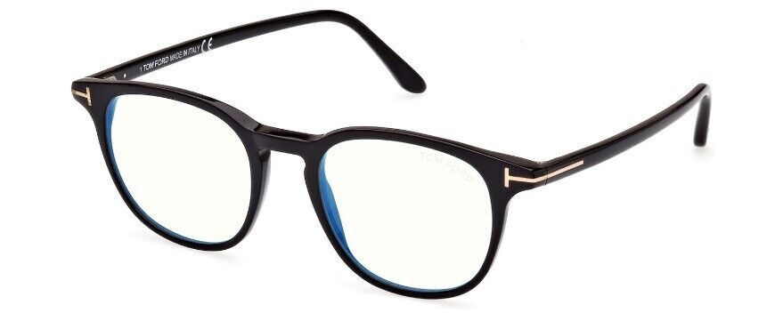 Tom Ford FT5832-B 001 Shiny Black/Blue Block Round Men's Eyeglasses
