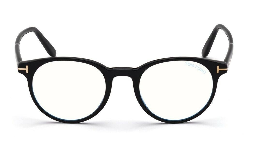 Tom Ford FT5695FB 001 Shiny Black Blue Block Round Men's Eyeglasses