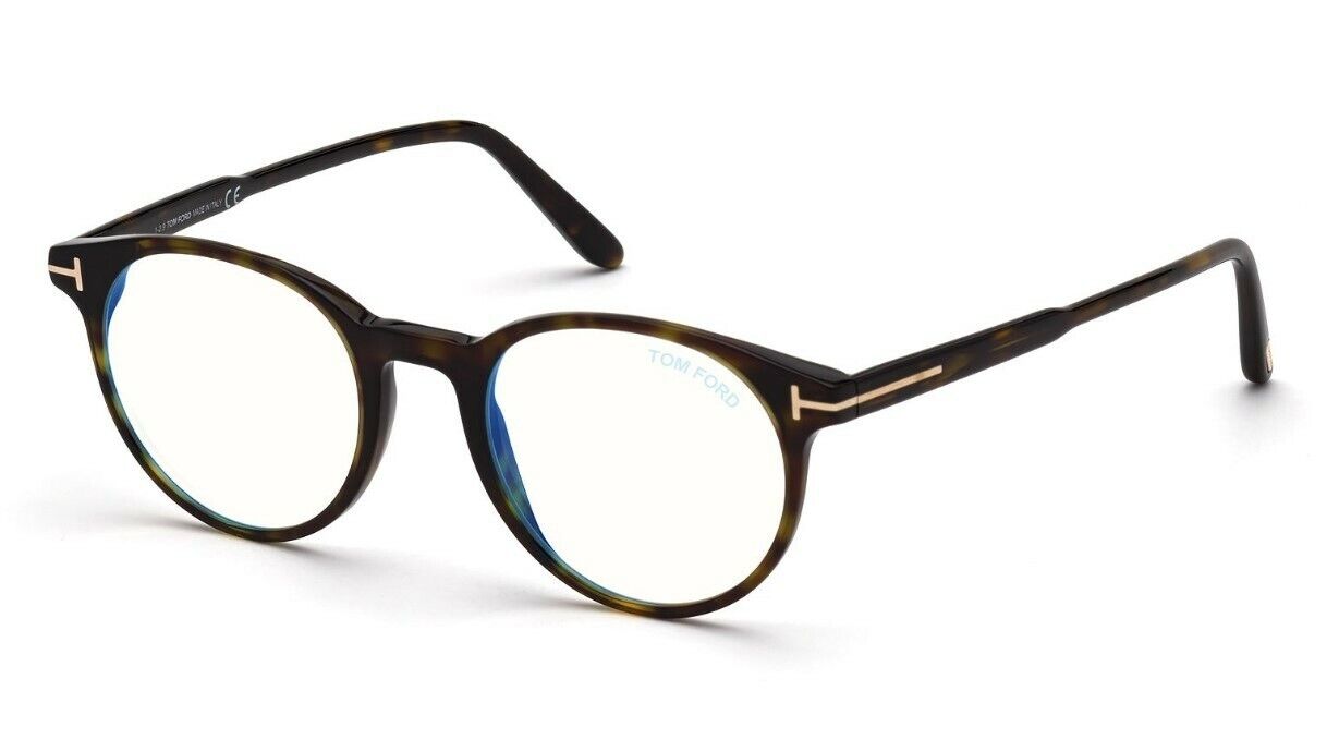 Tom Ford FT5695B 052 Shiny Classic Dark Havana Blue Block Round Men's Eyeglasses