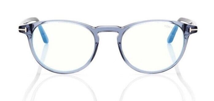 Tom Ford FT5803-B 090 Shiny Transparent Blue/Blue Block Round Men's Eyeglasses