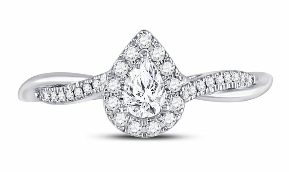 14kt White Gold Pear Diamond Solitaire Twist Womens Bridal Ring 1/3 Cttw