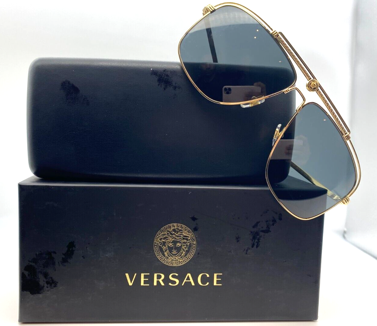 Versace VE2242 100287 Gold/Dark Grey Rectangular 61mm Men's Sunglasses