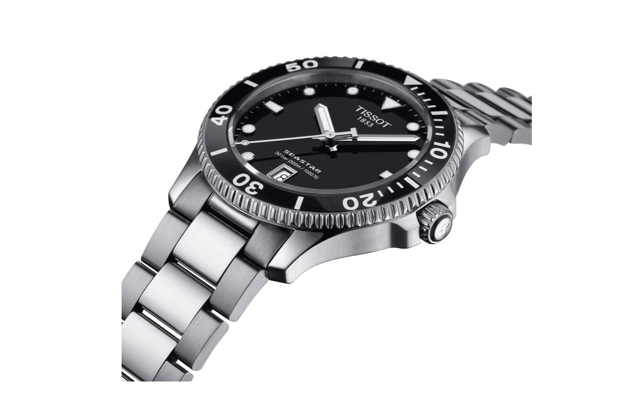 Tissot Seastar 1000 40MM Stainless Steel Case Black Dial Grey Strap Men's Watch T1204101105100