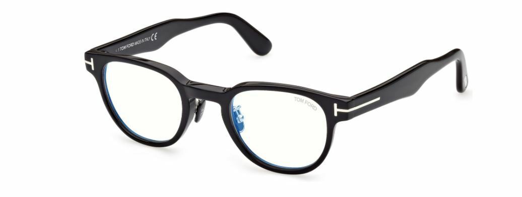 Tom Ford FT5783DB 005 Shiny Black Blue Block Round Unisex Eyeglasses