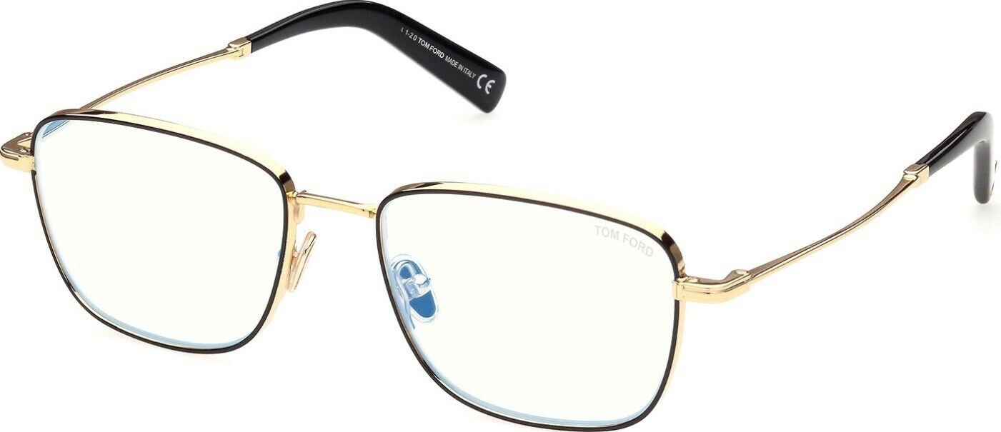 Tom Ford FT5748B 001 Shiny Black Enamel-Deep Gold / Blue Block Square Eyeglasses