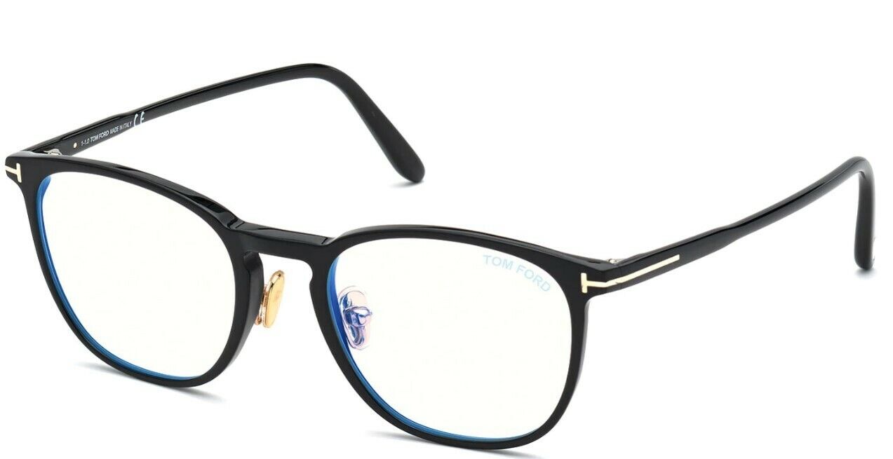 Tom Ford FT5700B 001 Shiny Black Blue Block Round Men's Eyeglasses