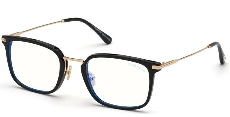 Tom Ford FT5747DB 001 Shiny Black Rose Gold Blue Block Square Men's Eyeglasses